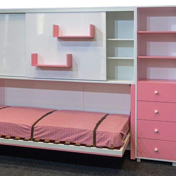 a pink bedroom set with a bed that folds up and a lot of storage options built in