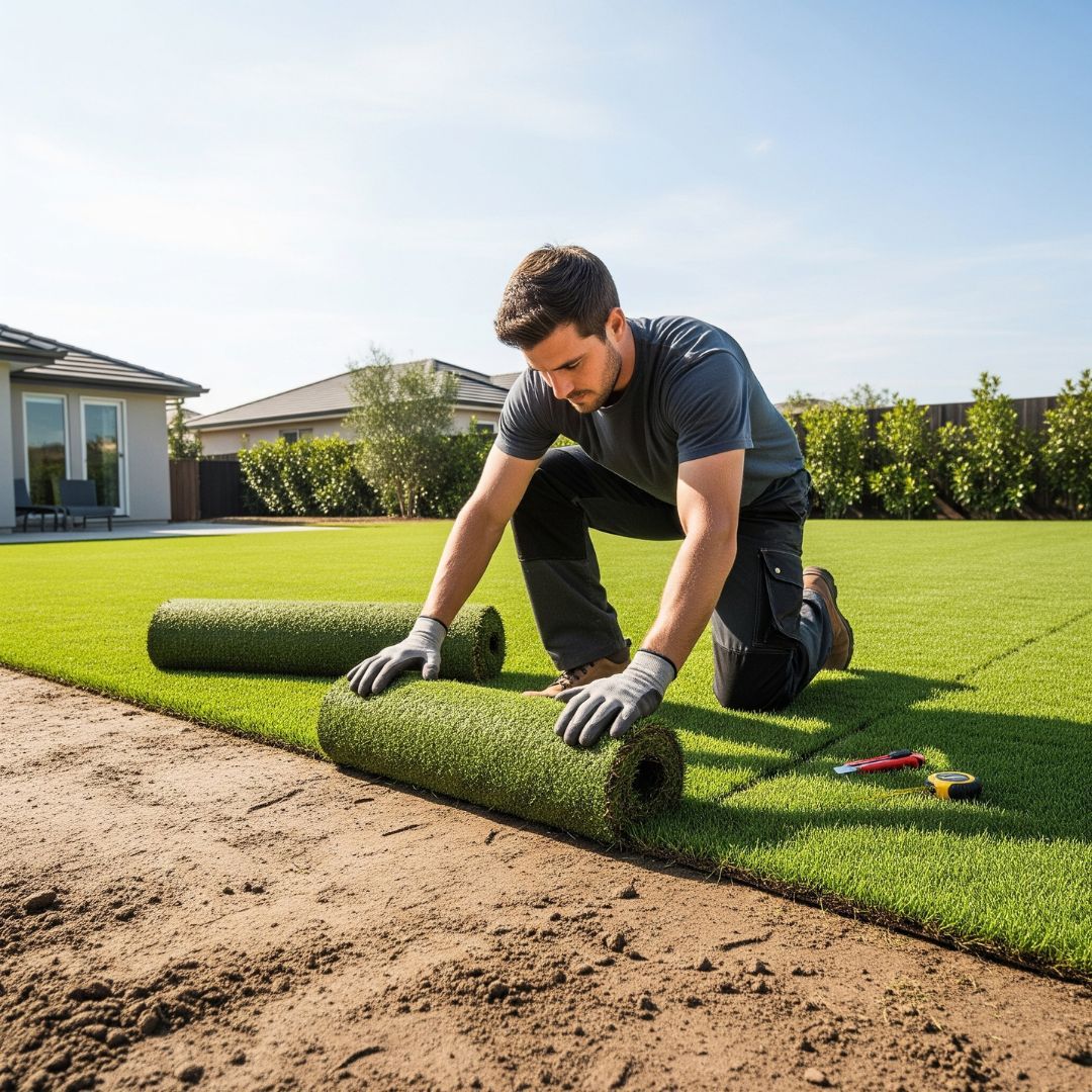 man replacing lawn with turf