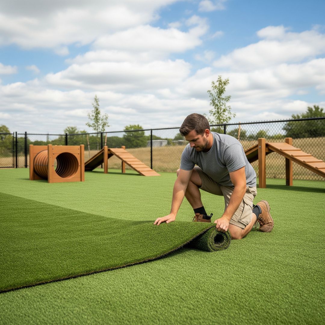 installing turf at dog park