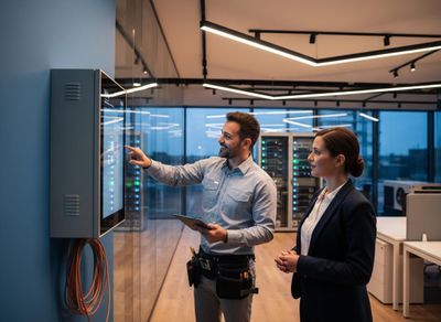 IT professional and businesswoman discuss smart system controls
