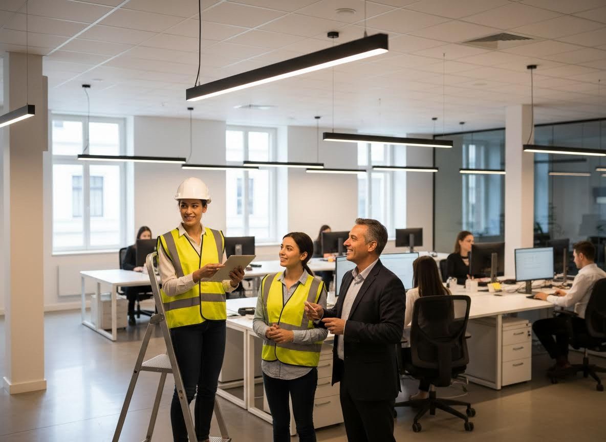 Engineers and Businessman Inspecting Modern Office Lighting