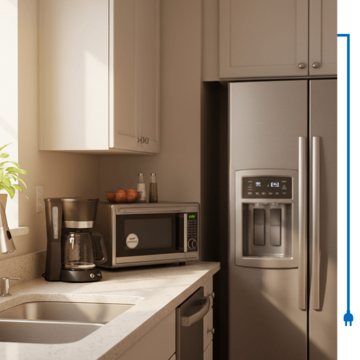 Kitchen with refrigerator and microwave