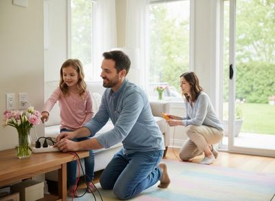 Family setting up electrical devices in their living room