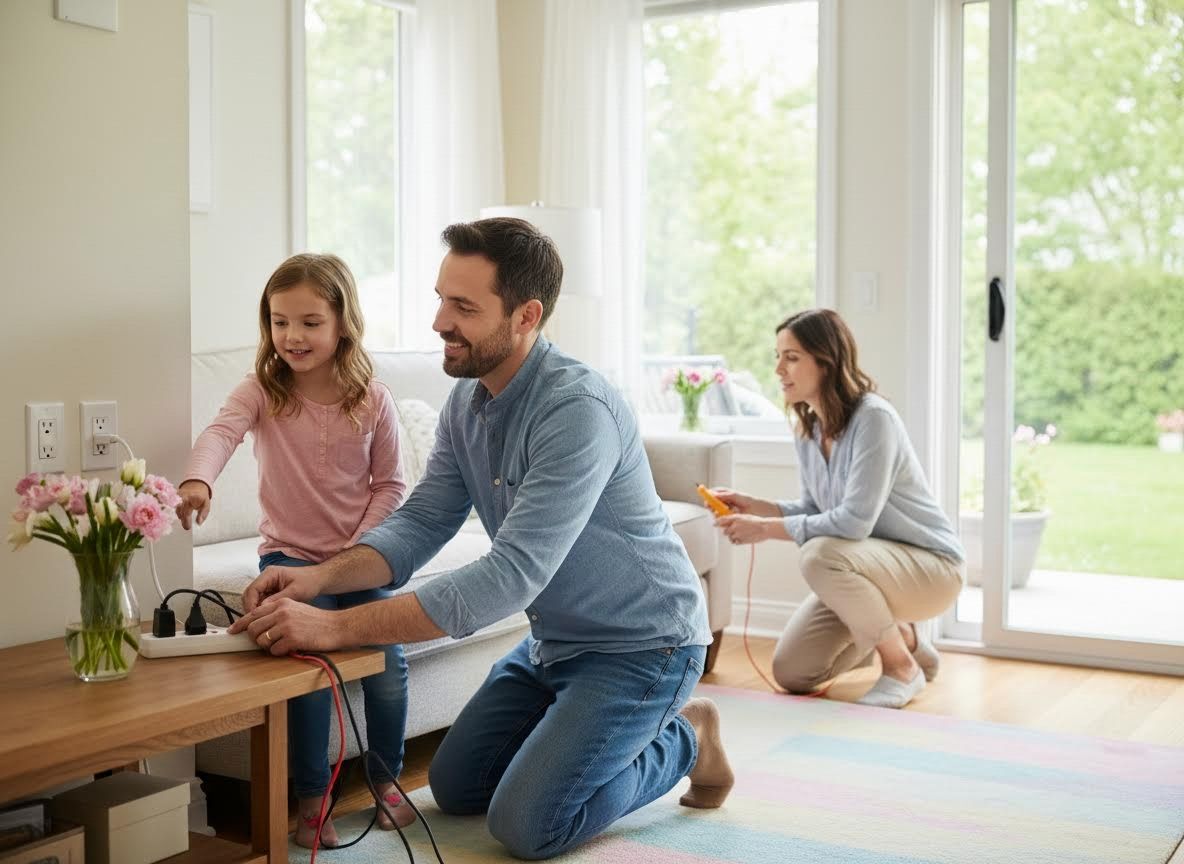 Family setting up electrical devices in their living room