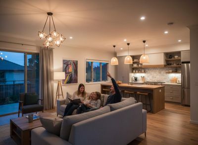 Family Relaxing in a Modern Open-Plan Living Room and Kitchen