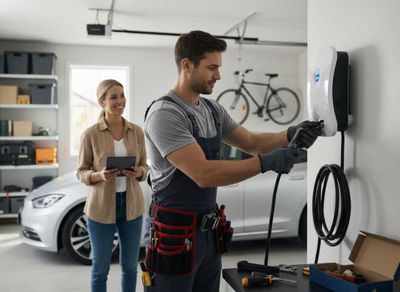 Man installing electric vehicle charging station