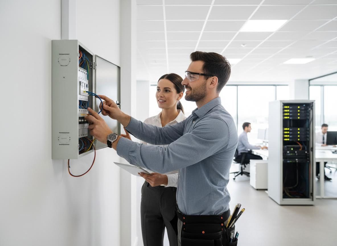 IT Technician and Colleague Working on Wiring Panel