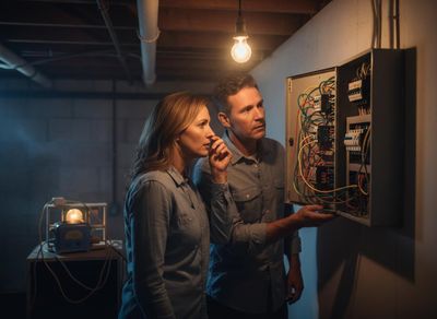 Couple Inspecting Electrical Panel in Basement