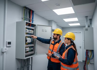 Electricians Inspecting Electrical Panel