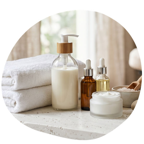 White towels with lotion, oils and creams