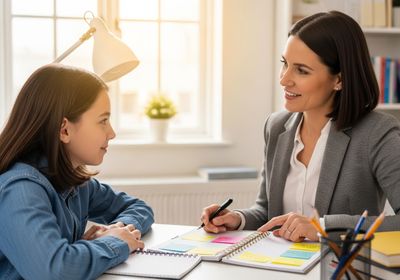 A therapist in a grey blazer is meeting with a young girl in a denim shirt at a table with notebooks and sticky notes. They are sitting in a bright, sunny office space with a desk lamp and a window in the background, engaged in a counseling or tutoring session. Therapist Meeting with Young Client