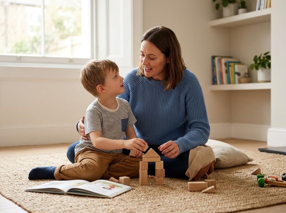 Mother and Son Playing with Wooden Blocks