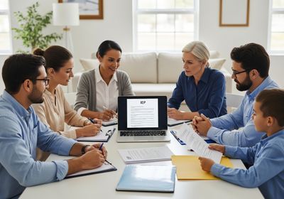 A diverse group of people, including a child, sit around a table in a brightly lit room, reviewing an Individualized Education Program (IEP) on a laptop and on paper, suggesting a collaborative and supportive meeting. IEP Meeting