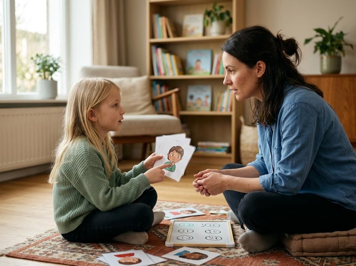 Girl and woman learning emotions with flashcards