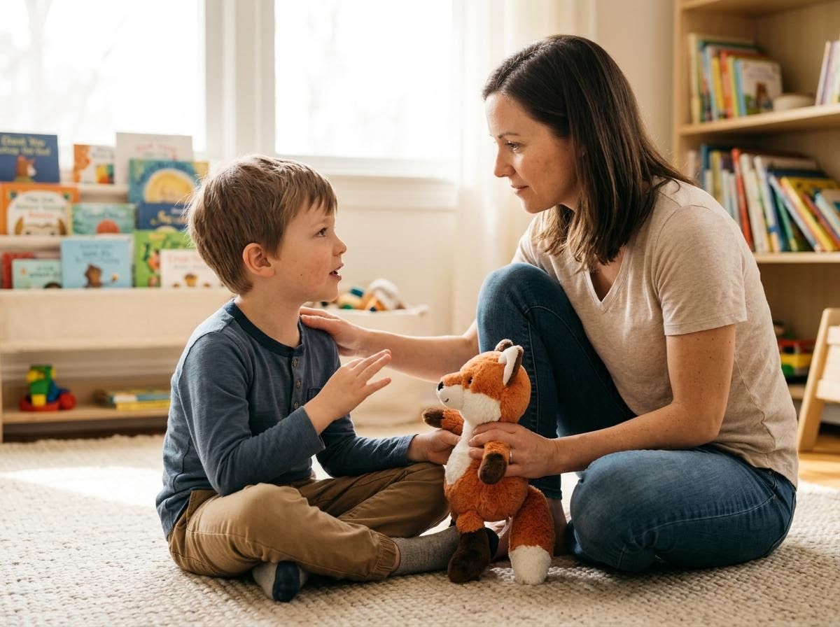 Woman and child communicating with a plush toy nearby