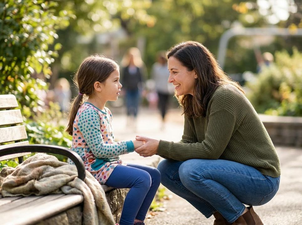 Woman and Girl Holding Hands and Smiling in a Park