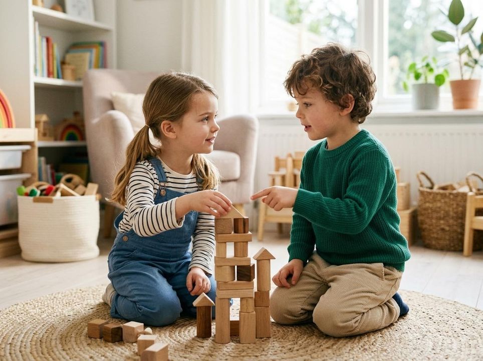 Two children playing with wooden building blocks