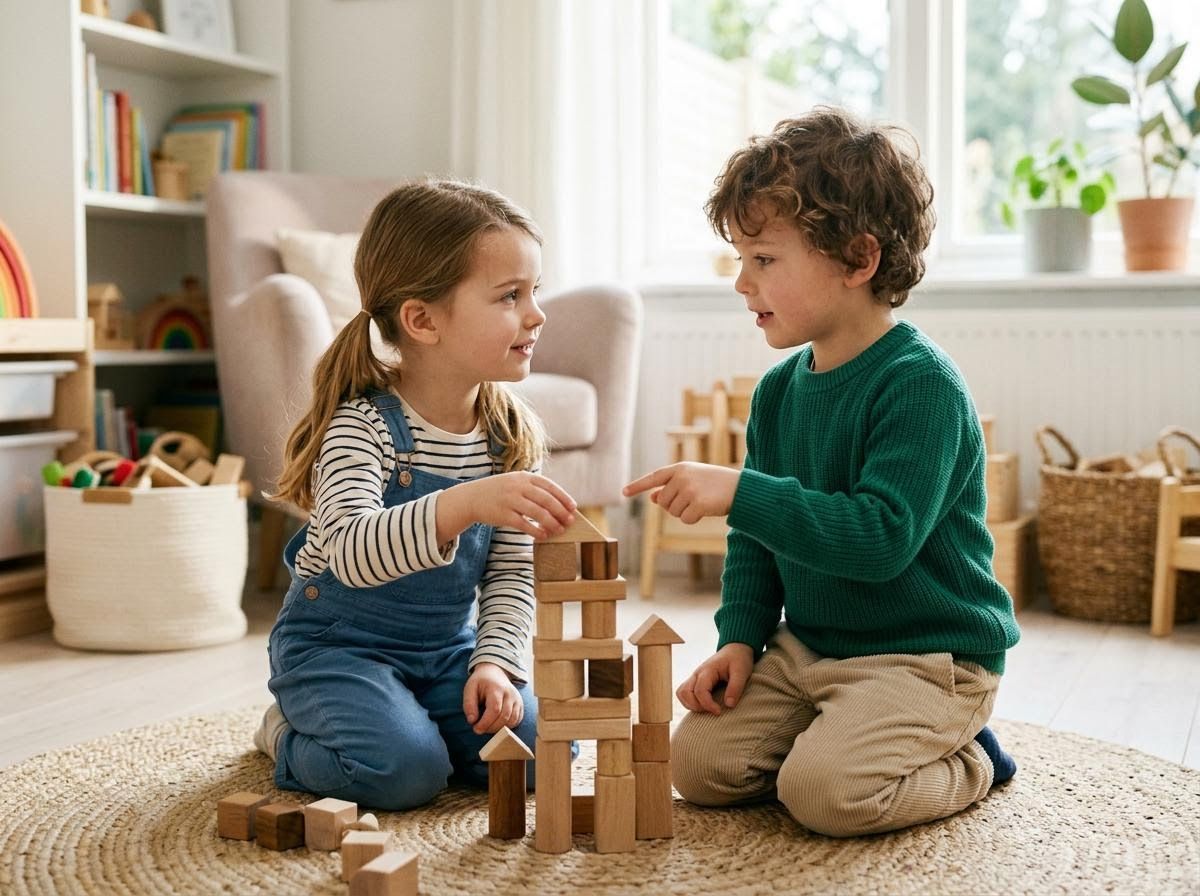 Two children playing with wooden building blocks
