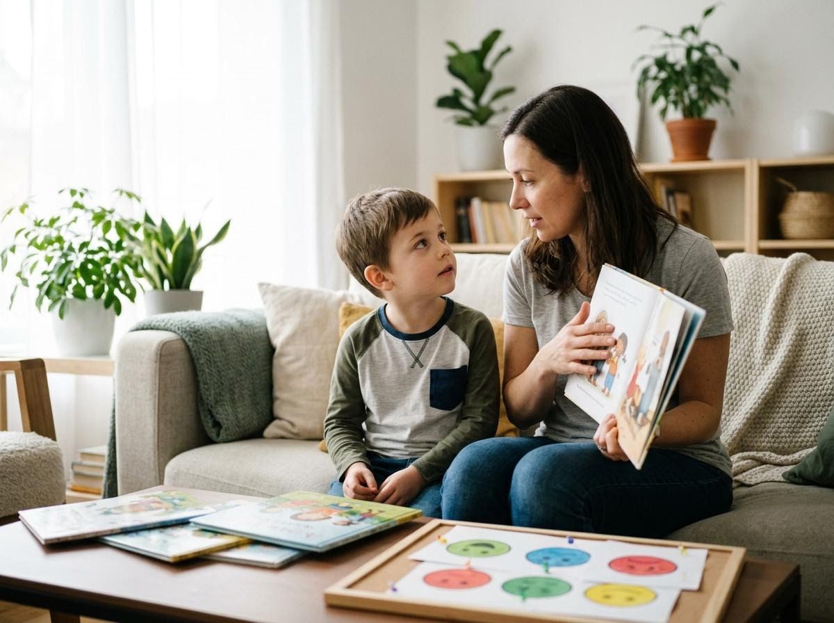 Mother and young son reading a storybook together on a sofa