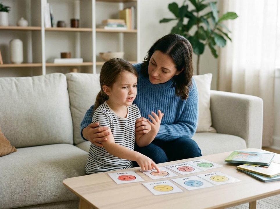 Child Learning Emotions with Flashcards