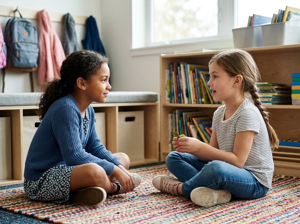 Two young girls talking in a classroom
