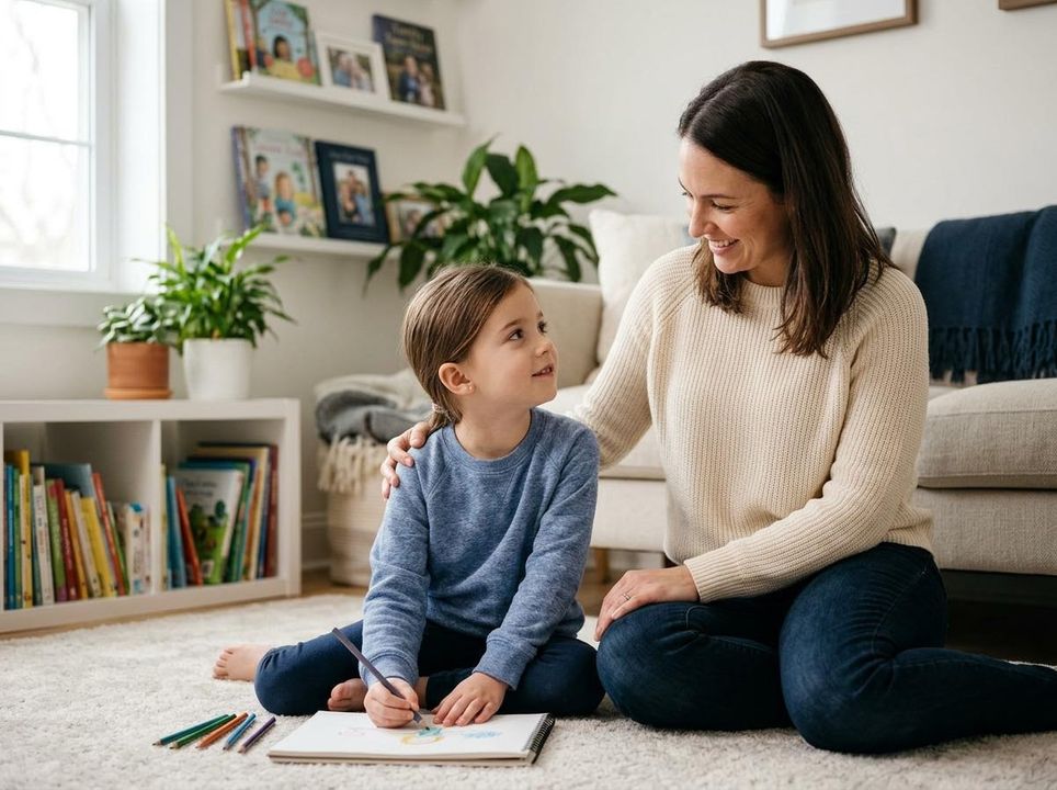 Mother and daughter drawing together on the floor