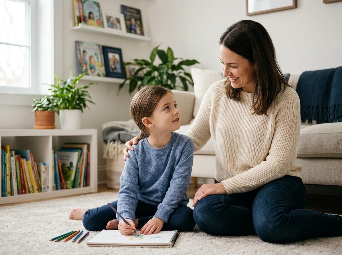 Mother and daughter drawing together on the floor