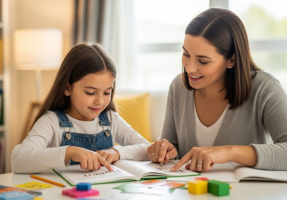 Mother teaching daughter to read