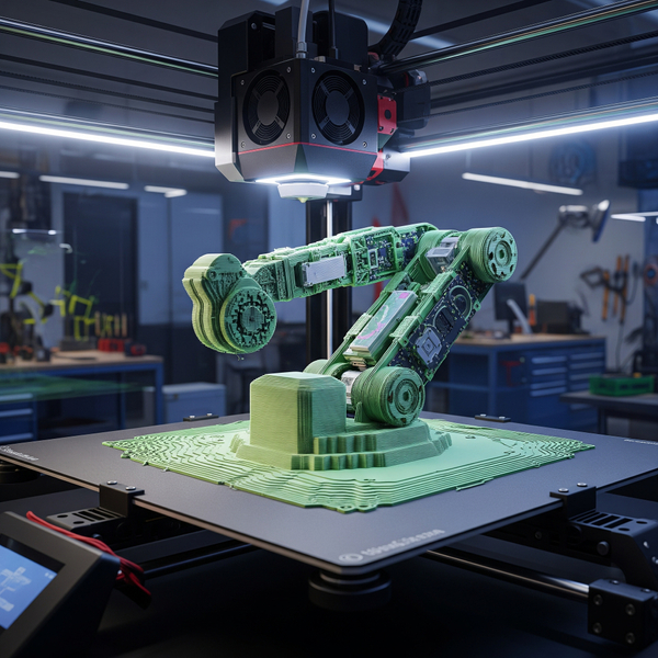 A close-up of a 3D printer in a workshop creating an intricate electromechanical prototype, demonstrating the rapid prototyping process.
