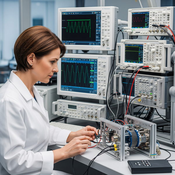 A quality assurance specialist testing a new electromechanical device with advanced equipment.
