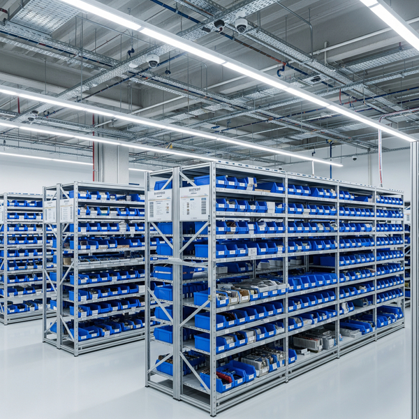 A secure and highly organized warehouse with inventoried electromechanical components on shelves.