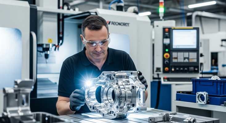 Modern fabrication facility with engineer inspecting metal part, representing quality control at JM Fabrication Company.