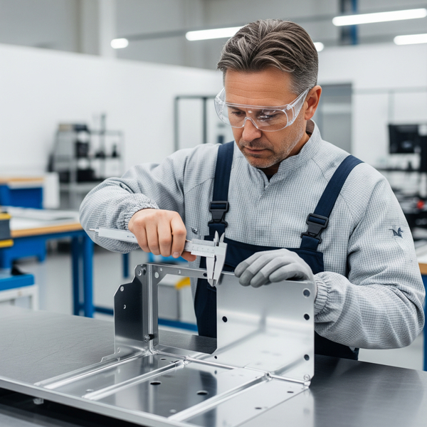 Skilled technician meticulously inspecting a finished sheet metal component with calipers in a clean, modern fabrication facility.