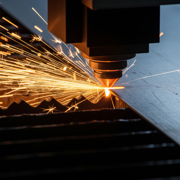 Laser cutting intricate design on sheet metal, demonstrating precision fabrication.