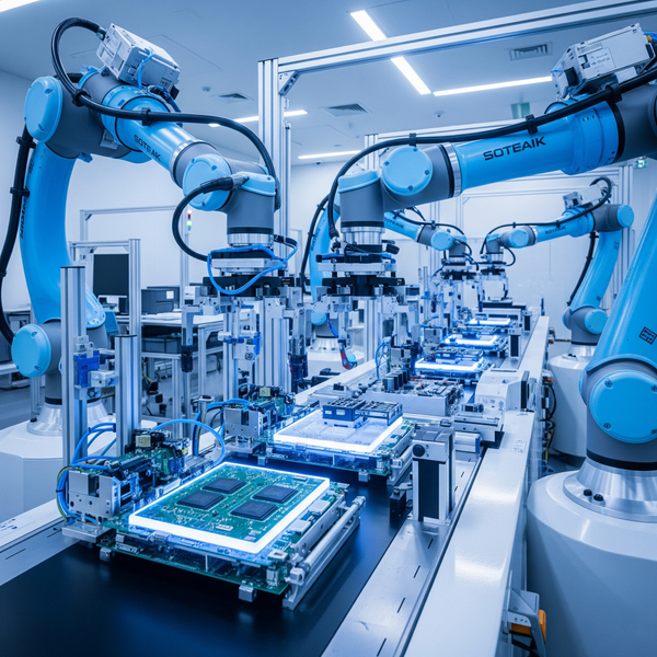 A clean and modern manufacturing line with blue robotic arms assembling electronic components, illustrating scalable production.