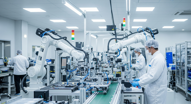 A professional electromechanical assembly line with robotic arms and technicians, representing JM Fabrication Company's services.