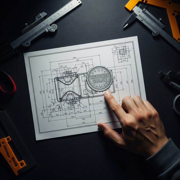 Technical drawing with a certification stamp, representing certified engineering processes.