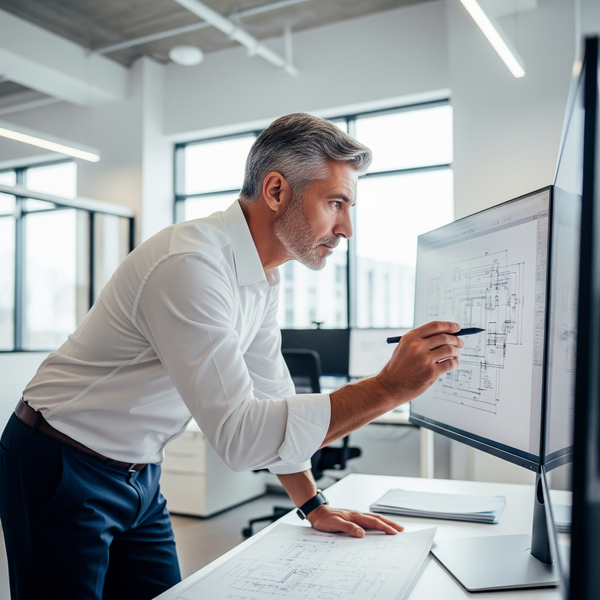 An engineer carefully reviewing electromechanical project blueprints on a large monitor.
