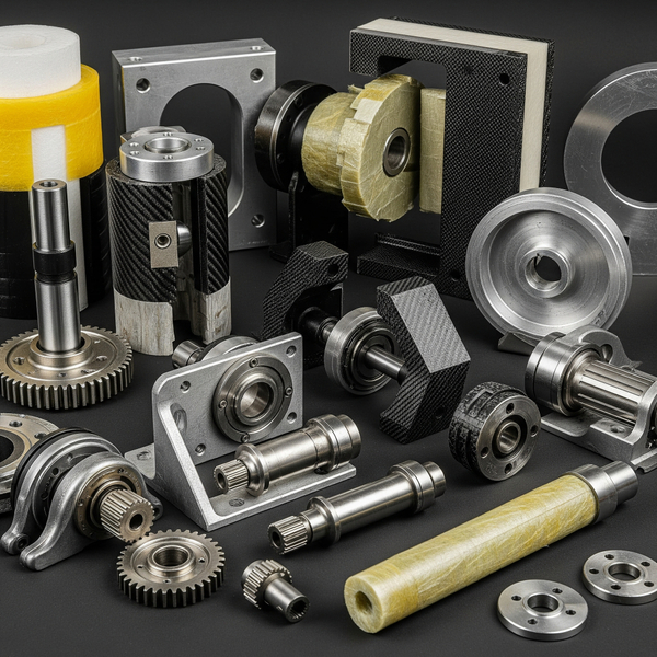 Assortment of custom-fabricated industrial components, showcasing diverse materials like metal and composites.