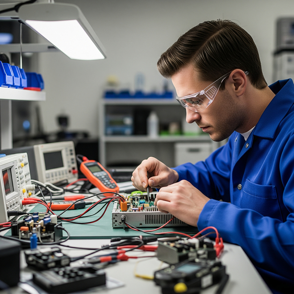 A focused technician in a blue shirt carefully repairs a complex electronic device at a well-lit workbench, representing aftermarket support.