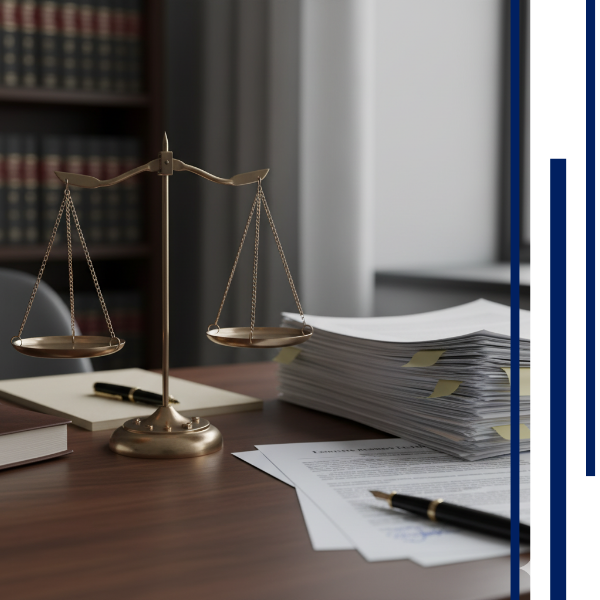 Scales of justice next to a stack of papers