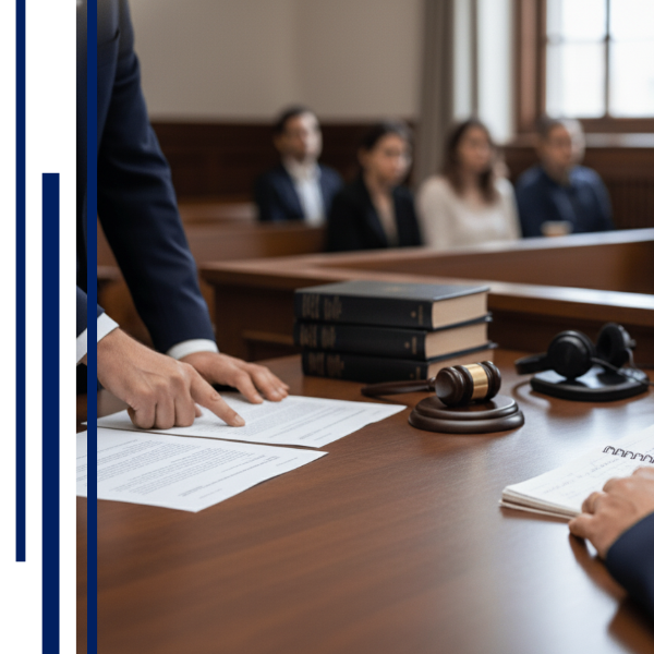 Attorney pointing to paper during a trial