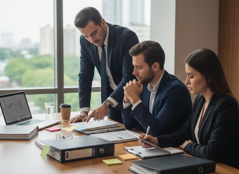 Three business colleagues, two men and one woman, analyze documents and data on a laptop during a meeting in a bright office. Business Professionals Reviewing Documents