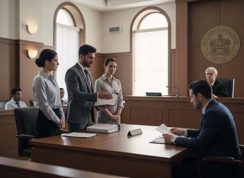 A male lawyer explains documents to a seated counterpart, flanked by two female colleagues, while a judge presides in a wood-paneled courtroom. Lawyers in a Courtroom