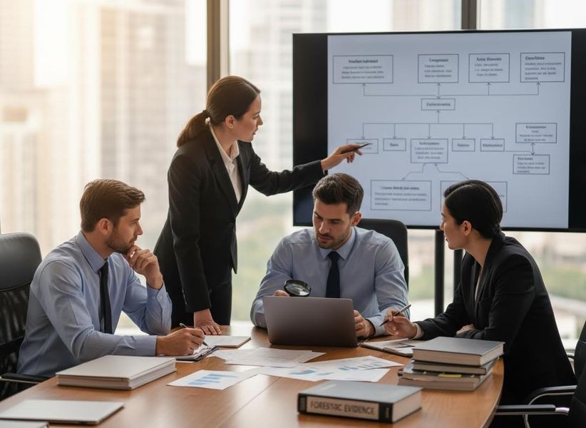 Four professionals in an office conference room, with a woman presenting a flowchart on a large screen while others review documents, a laptop, and a book titled "FORENSIC EVIDENCE". Business Team Analyzing Forensic Evidence During Presentation