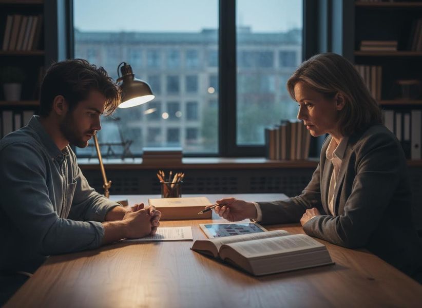 A man and woman discuss documents at a desk with a tablet, book, and lamp. The woman points to the tablet while the man listens. Professional consultation at a desk