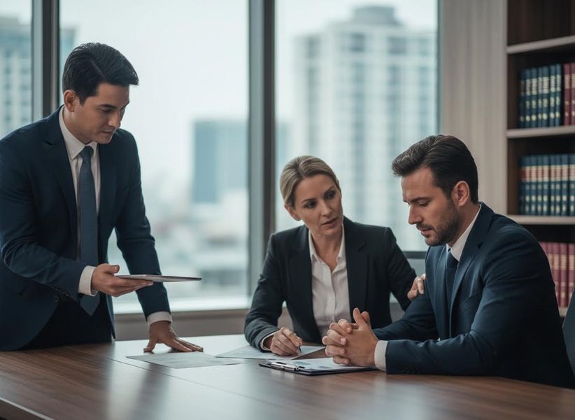 Three business or legal professionals in an office setting, reviewing documents, with one offering comfort to another. Legal professionals in a meeting discussing documents
