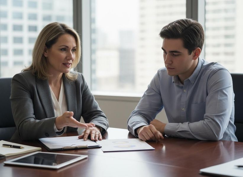 A businesswoman in a gray suit speaks and gestures to a male colleague in a light blue shirt at a conference table with documents. Two business professionals discussing in a modern office meeting