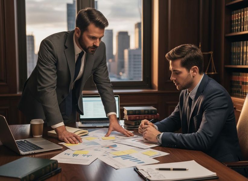 Two professionals in suits discuss charts and reports at a wooden desk with laptops in a well-appointed office overlooking a city. Two Businessmen Reviewing Financial Documents in an Office