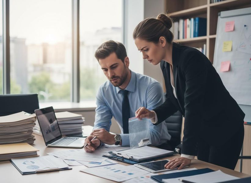 A man and woman, possibly investigators, are meticulously examining a small sealed bag with contents on a desk in a modern office. Two professionals examining evidence in an office